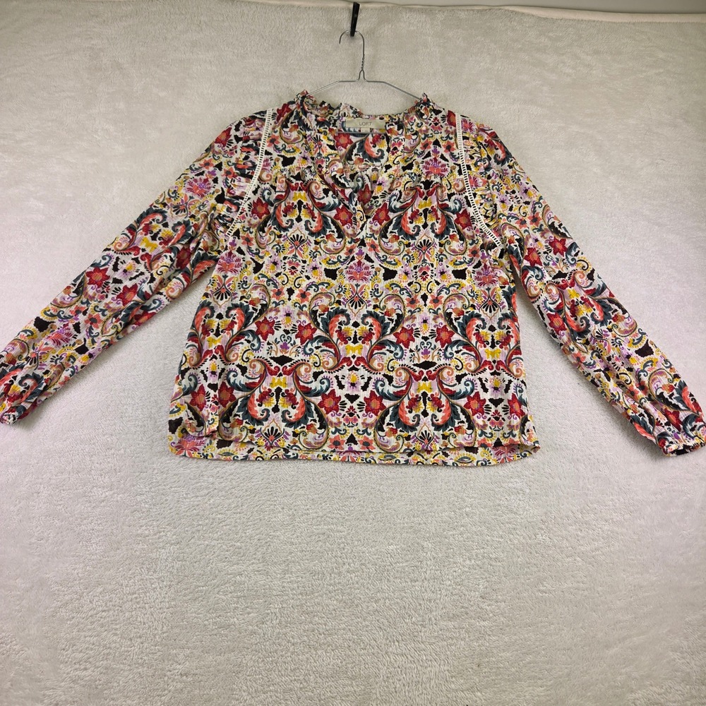 LOFT Womens Medium Multicolor Paisley Floral Ruffle Neck Blouse Ladder Lace Trim